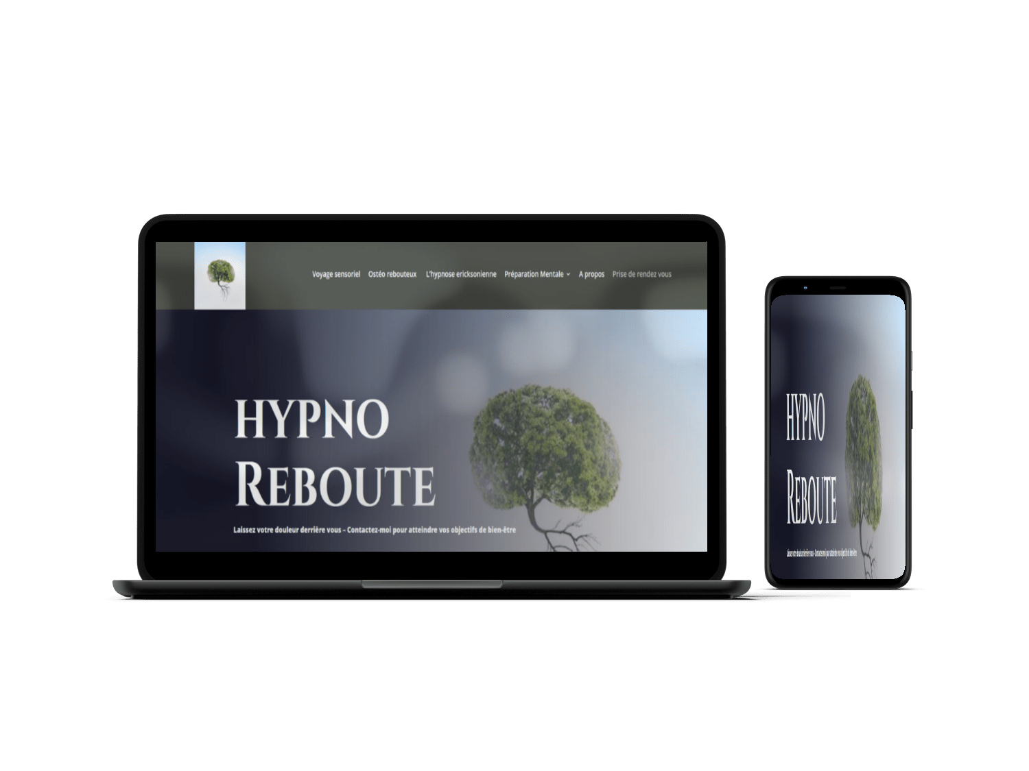 Pc sur portable mobile avec fond d'écran du site conçu par webdesigncretor:Le site du Hypnose rebouteu